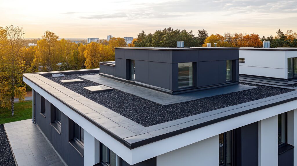 Modernes Wohnhaus mit Flachdach und Kiesschüttung